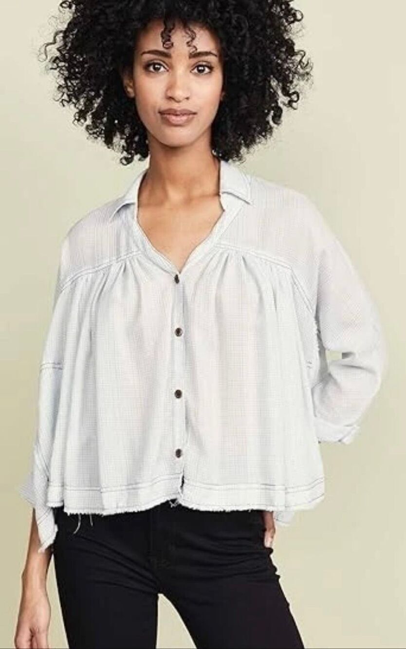 We The Free People Rainbow Picnic Plaid Button Down Size X-Small Ivory Blue